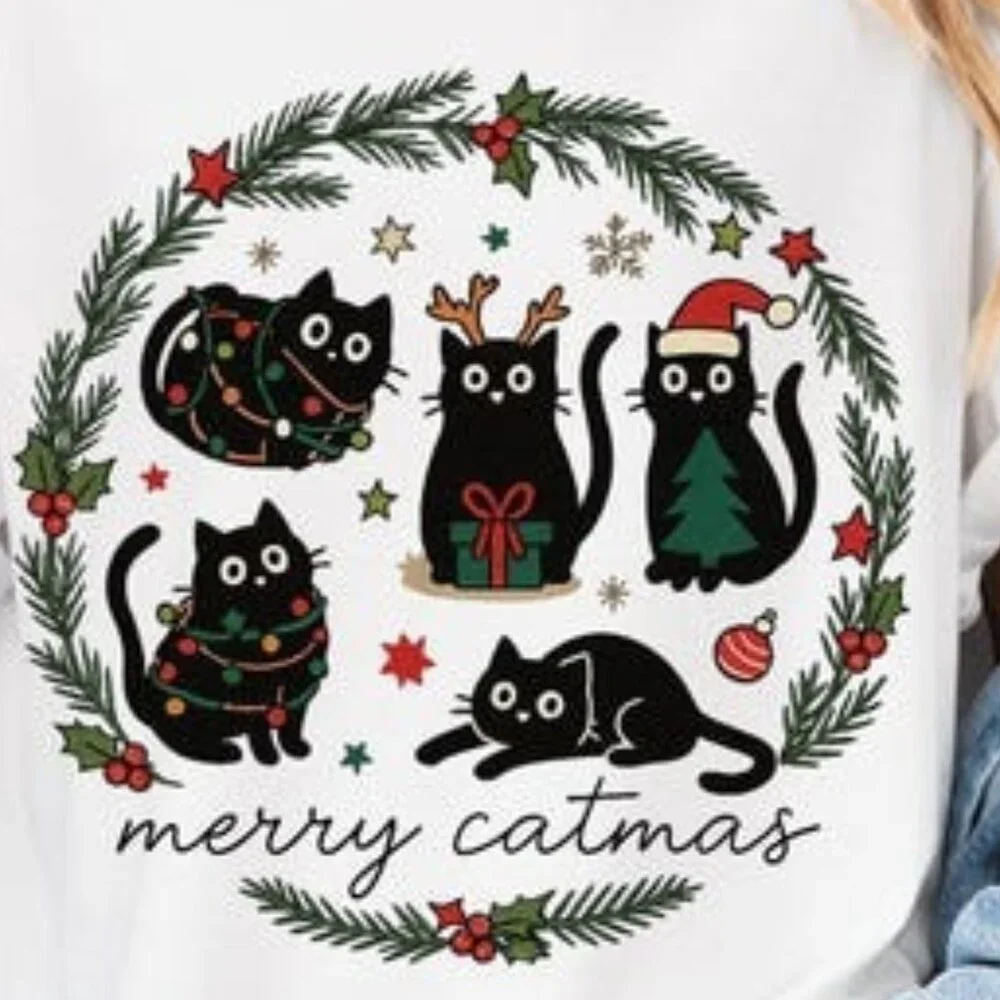 Merry Catmas Shirt, Funny Cat Christmas Tee, Cat Christmas Lights Meowy Tee - Picture 2 of 4
